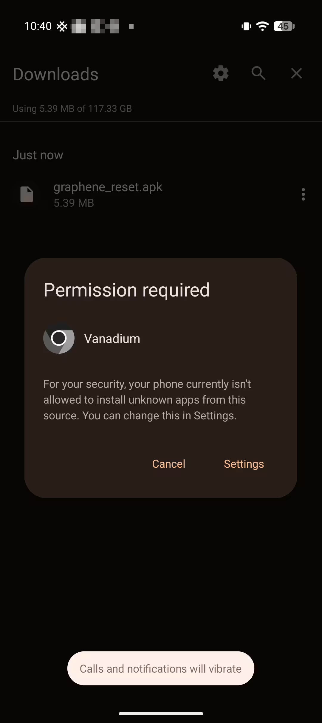 Installation permissions screen