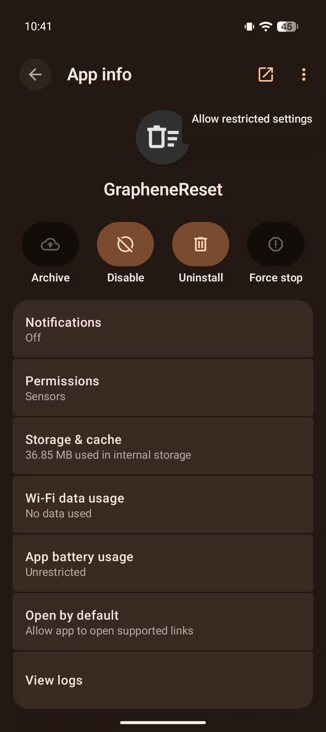 GrapheneReset in notification access list